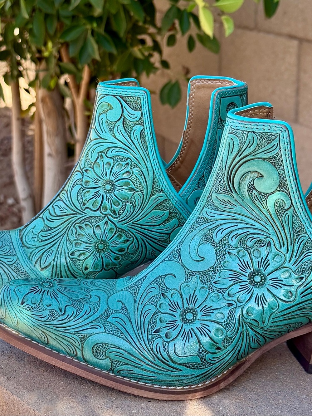 Myra Bag Turquoise Floral Tooled Leather Ankle Booties - Picture 2 of 16